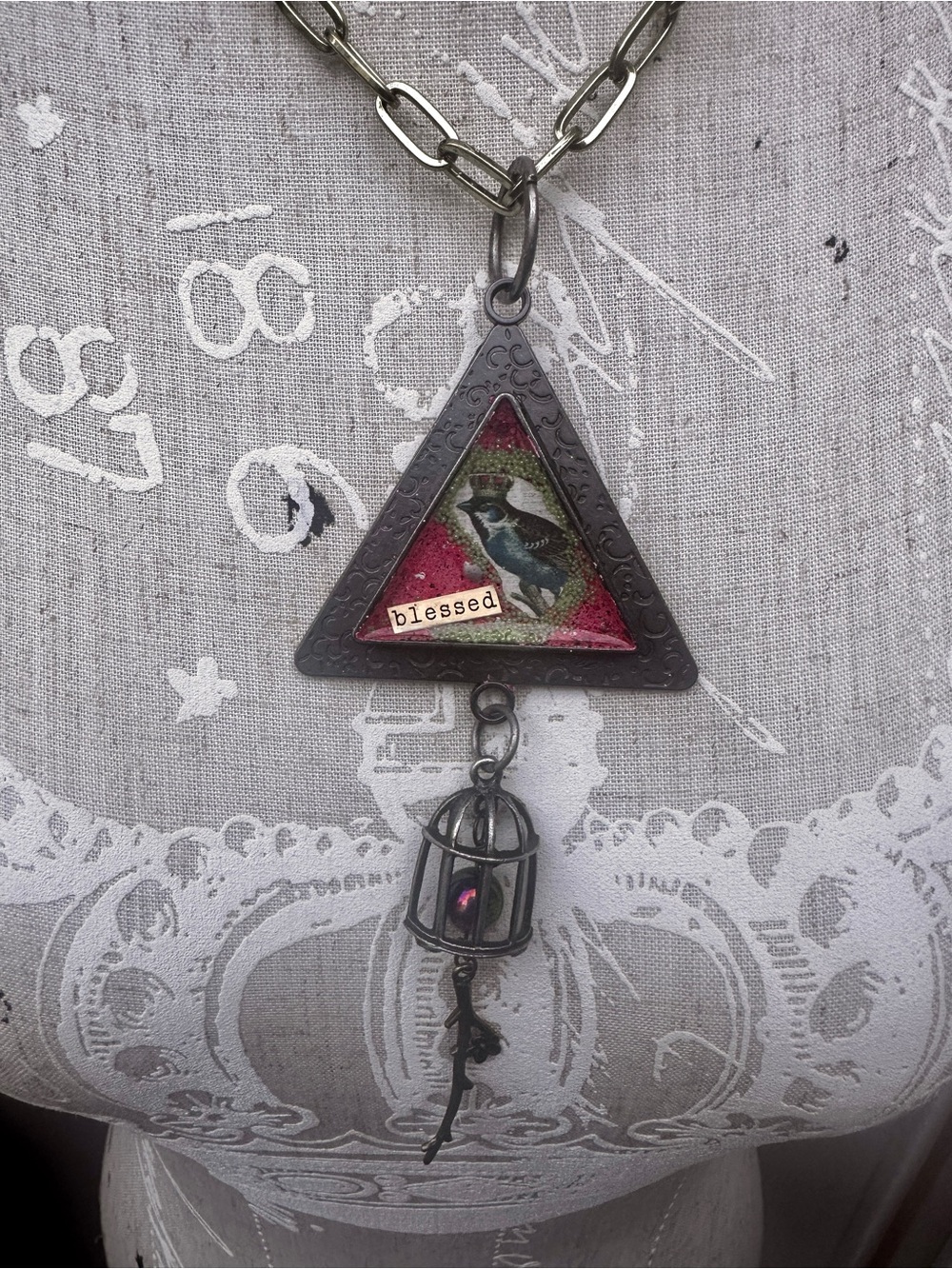 Antique Silver Triangle Mixed Media Blessed Bird Bezel Pendant Necklace